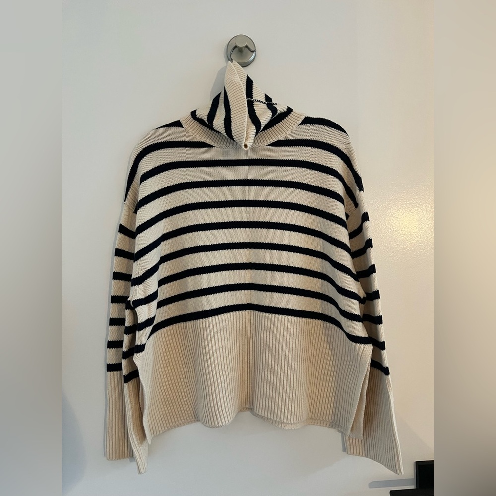 GAP Split-Hem White and Blue Striped Turtleneck Sweater